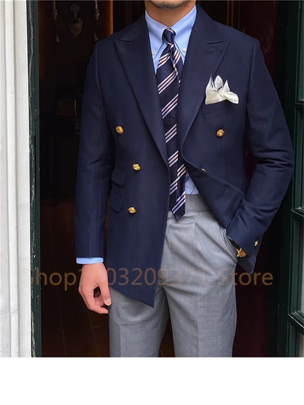 1 Pieces Men Double-breasted Slim Fit Blazer Color Long Sleeve Lapel Business Suit Coat Outwear Brand Mens Casual Tuxedo