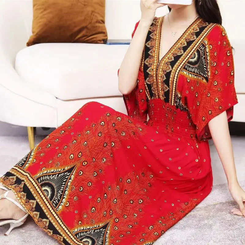 V-neck Large Skirt Hem Casual Sweet Holiday Long Dress Bat Sleeves Elastic Waist Bohemian Print Floral Elegant Dresse For Women