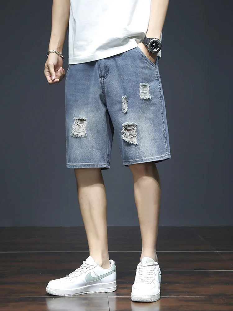 Summer Men's Blue Denim Shorts Y2k Cotton Loose Straight Ripped Fashion Shorts Men Korean Trendy Casual Streetwear Short Jeans