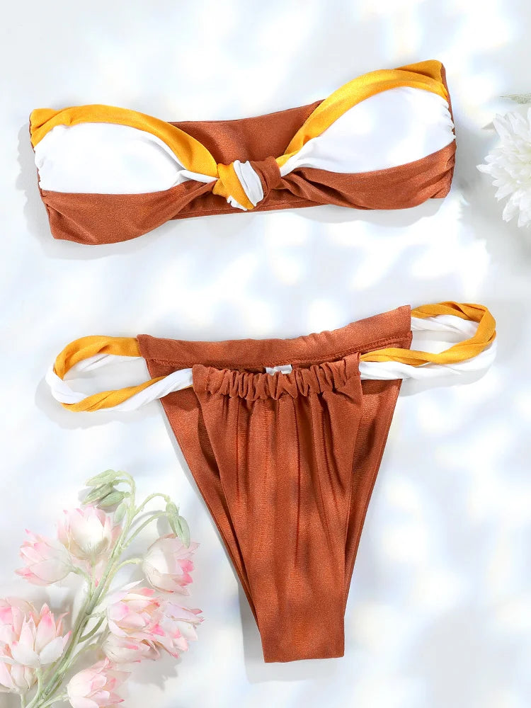 Patchwork Bikini Set for Women, Bandeau Swimsuit, Push Up Swimwear, Sexy Bikinis, High Cut Thong, Brazilian Beachwear, New