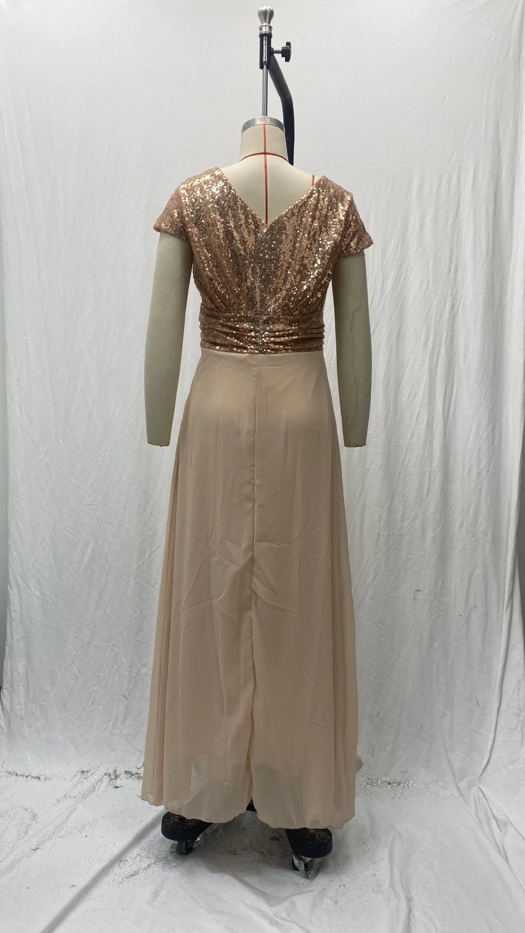Elegant Sequins Chiffon Dress for Women V Neck Pleated Hem Female Sequins Chiffon Prom Cocktail Long Dress Wedding Evening Dress