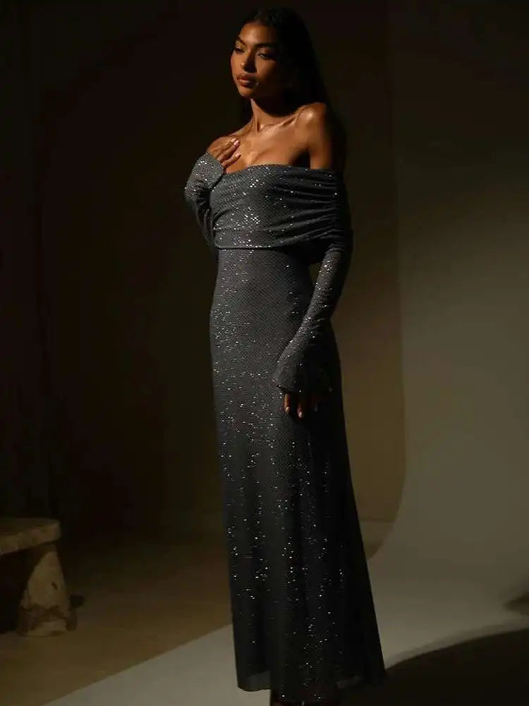 Townlike Elegant Off Shoulder Maxi Long Dress Women 2023 Autumn Winter Dress Sparkle Glittar Nightclub Sexy Party Dresses