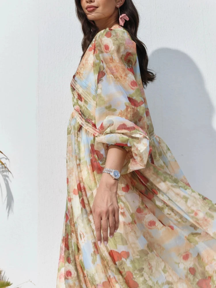 Fashion Print V-neck Women's Maxi Dresses Elegant Pleated Long Sleeve Loose Long Dress Female Summer Chic Casual Holiday Party