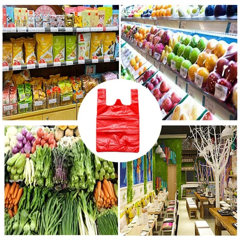 50Pcs/Lot Plastic Bag With Handle Red Thicken Vest Bags Supermarket Grocery Shop Gift Shopping Bag Home Kitchen Supplies