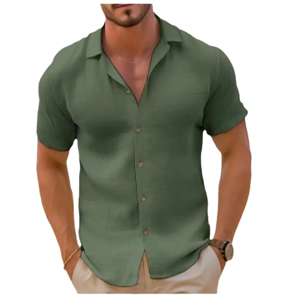 Summer Men's Shirt Short-sleeved Button-down Lapel White Top Casual Simple Black Blouses for Male