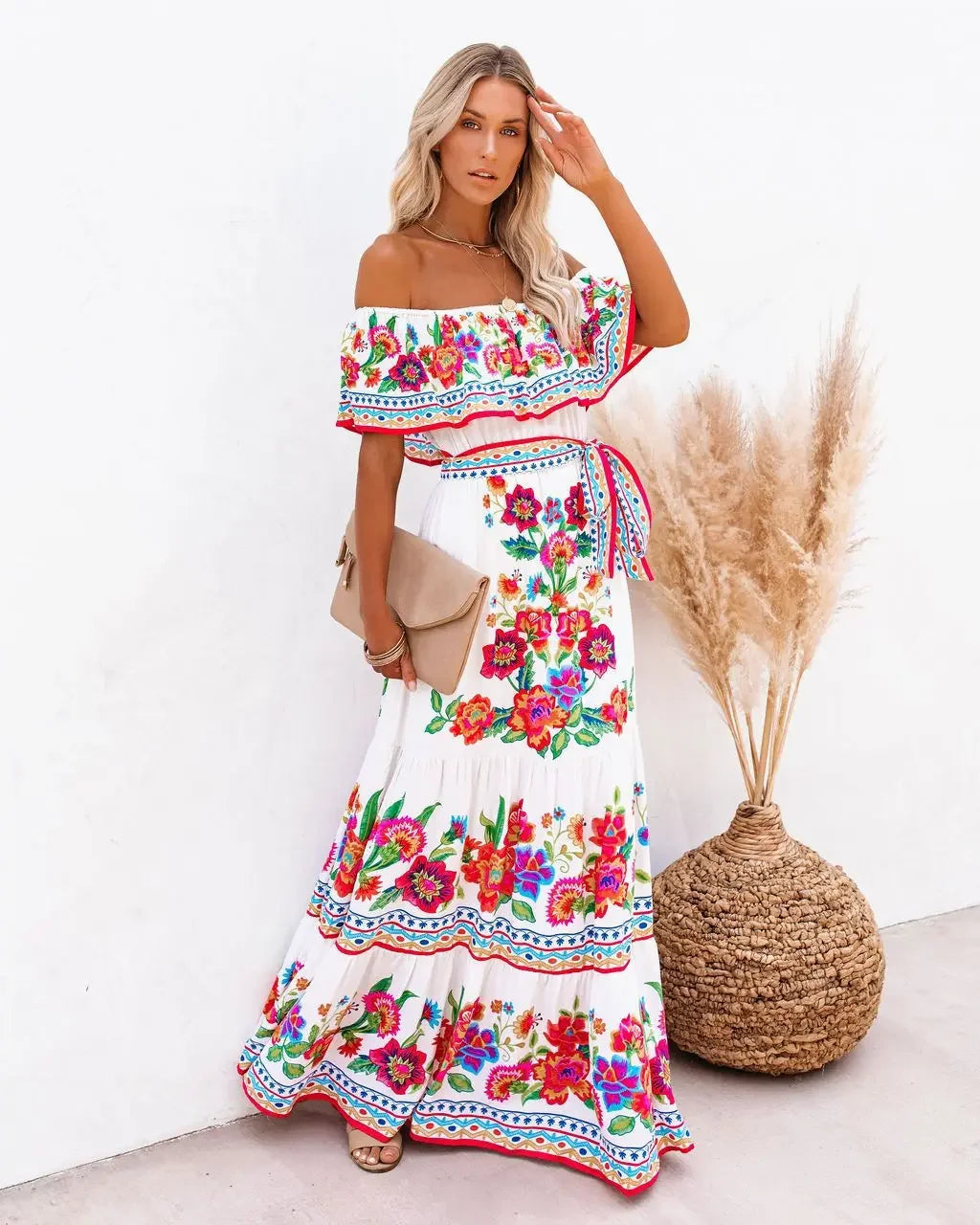 2024 Spring Summer New Independent Stand Amazon Off-shoulder Red Flower Printing Long Dress Oversized Wide Hemline Sleeveless