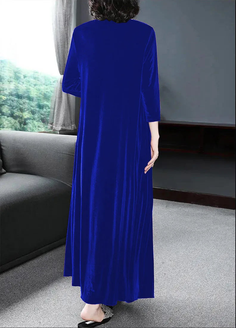 Spring and Summer New Gold Velvet European and American Slim Style Round Neck Long Dress