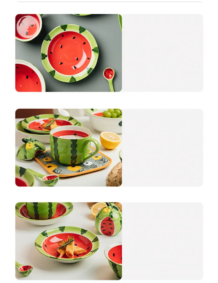 Watermelon Bowl Ceramic Bowl Plate Set Home Ramen Bowl Cute Hand-painted Tableware Children's Rice Bowls Kitchen Accessories