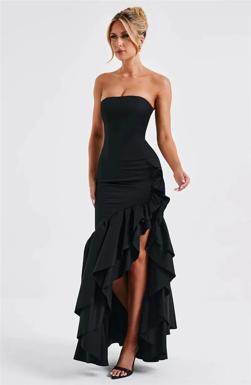 Mozision Strapless High Split Ruffle Long Dress For Women Fashion Off-shoulder Backless Sleeveless Bodycon Club Party Sexy Dress