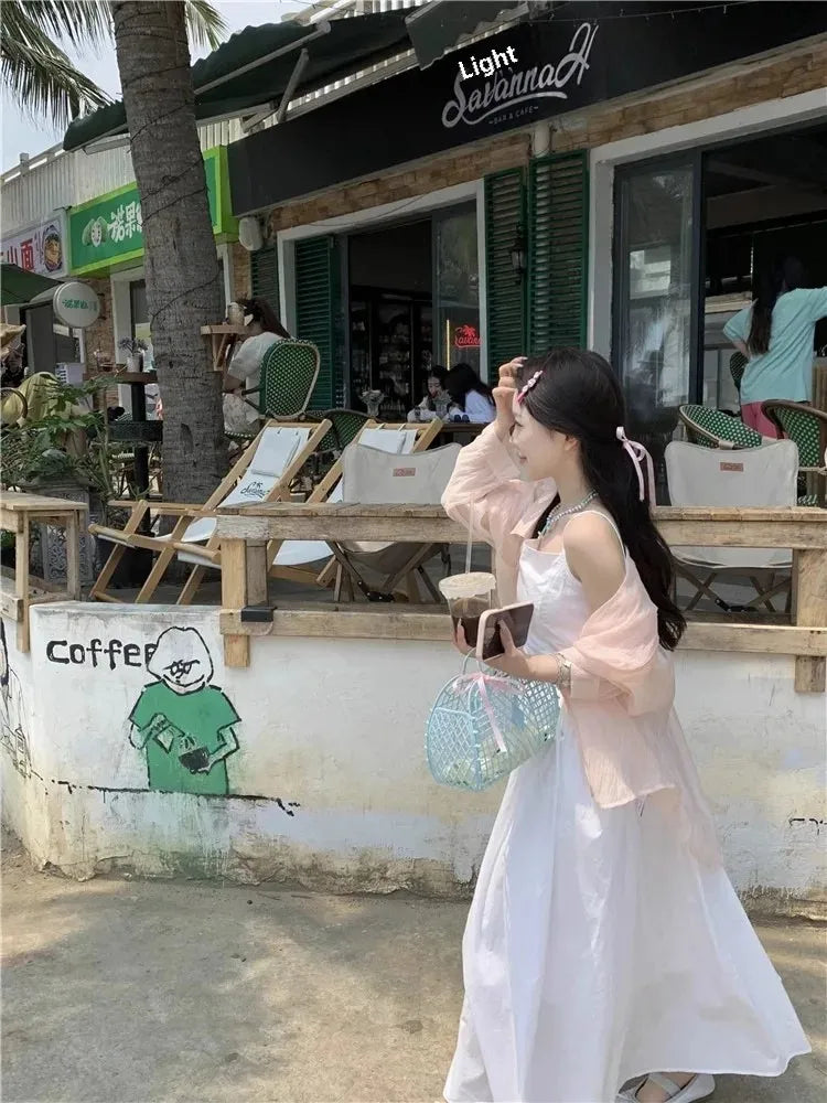 French Style Sexy Open-Back Blue Tank Dress Women's Summer Vacation Beach A- Line Long Dress Beach Vacation Dress