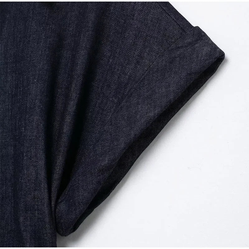 Sexy V-neck Denim Dresses 2025 Women's Spring Fashion Slim Long Dress Chic Short Sleeves Single Button High Street Lady New Robe