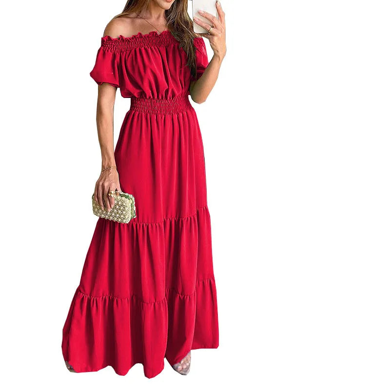 Women's Dress One-line Collar Spring And Summer Short-sleeved New Green Long Dress Fashion Casual Loose Beach Party Dresses Robe