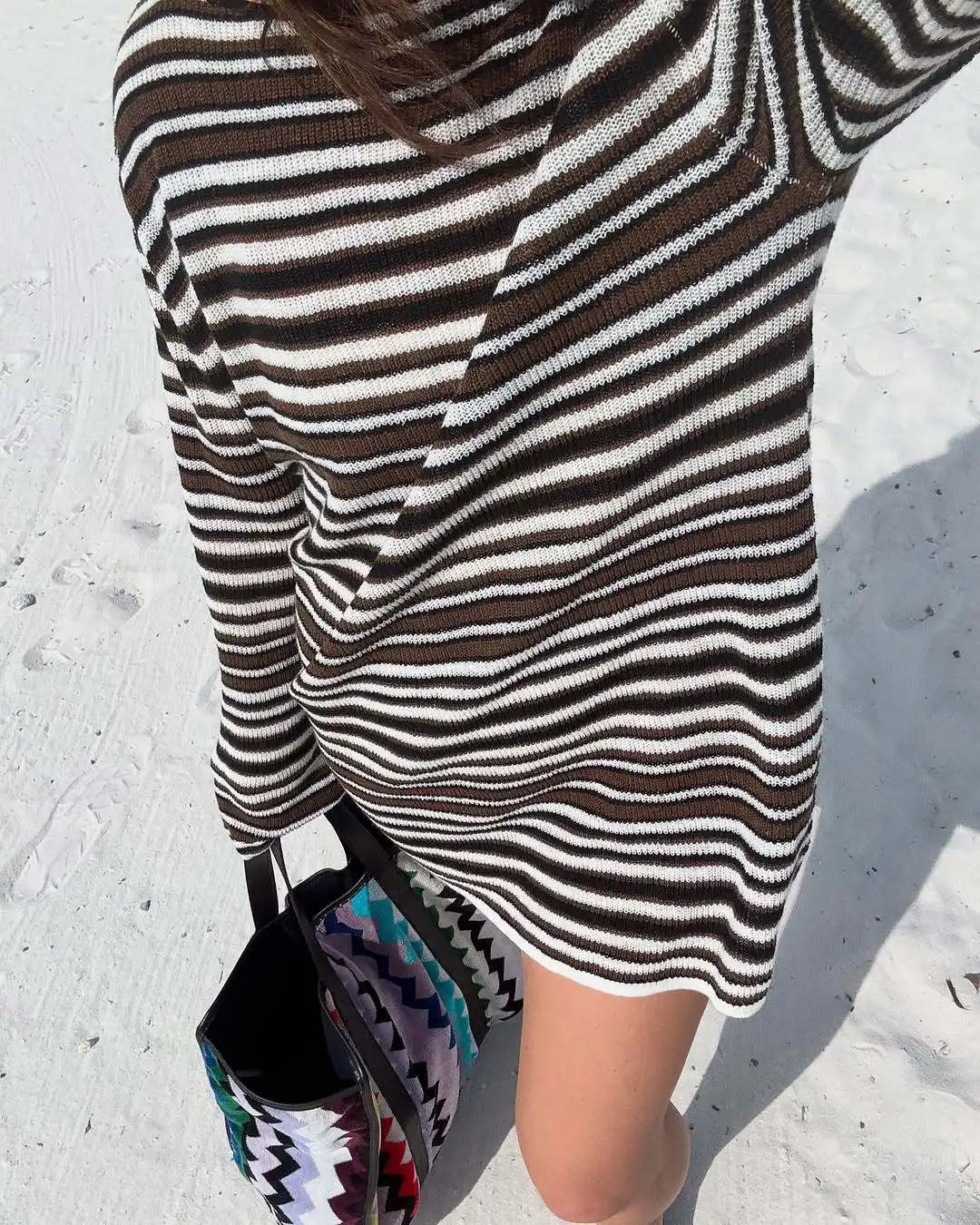 Talenza Knit Striped Mini Dress Women's Fashion Backless Cutout Long Sleeve Knit Dress Beach Vacation Boho Loose Casual Dresses