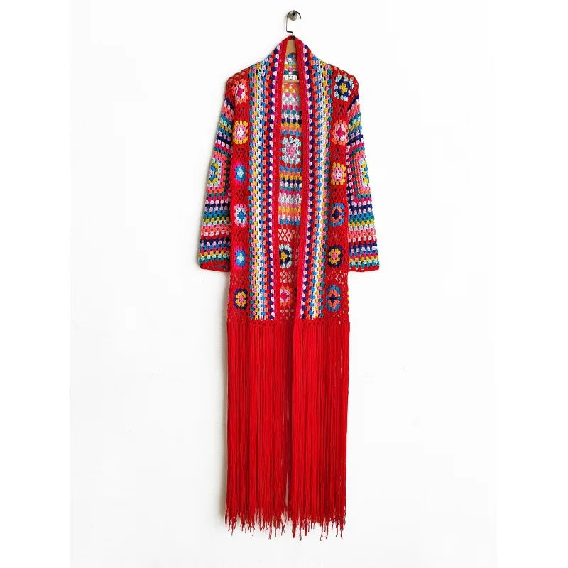 Crochet Knitted Women Cardigan Cover Ups Tassel Plaid Long Coat Bohemian 2023 Summer Beach Bikini Covers Sexy Hook Vestidos