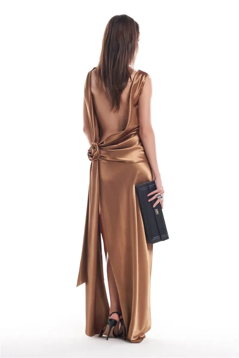 2025 Satin Backless Sexy Long Dress for Women Elegant Rose Thigh High Waist Beach Holiday Gorgeous Club