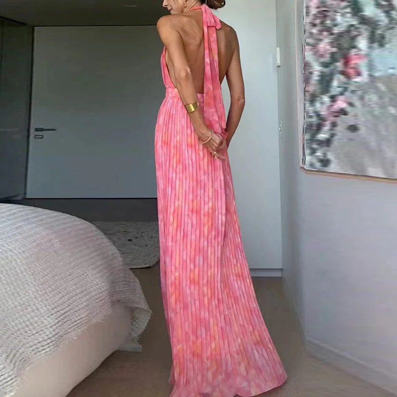 Sexy Low-cut V-neck Tie-up Evening Dress Women Fashion Pattern Print Pleated Long Dress Elegant Sleeveless Backless Party Dress