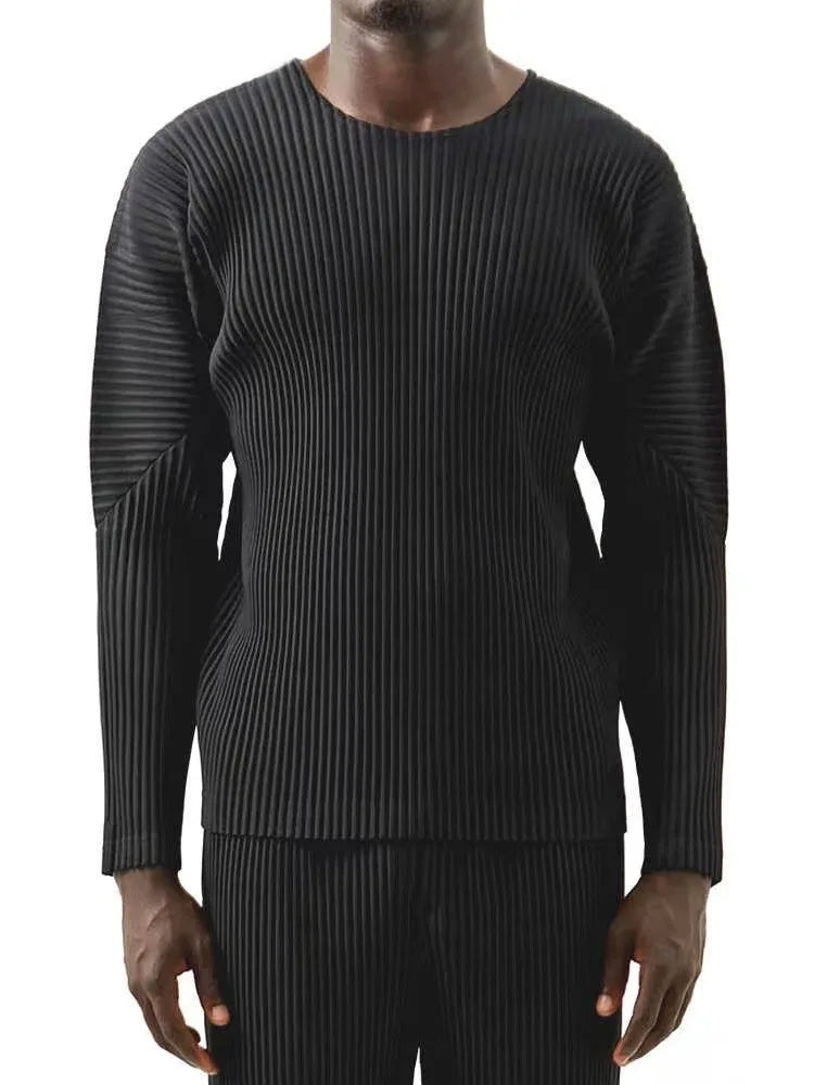 Pleats Original Pleated T-shirt 2024 Spring And Summer New Long-sleeved Round Neck Men's Tops Round Neck T-shirt Casual Clothing