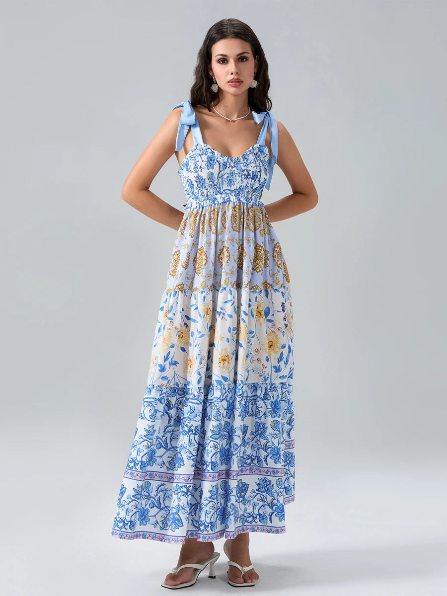Combhasaki Women's Y2K Vintage Floral Print Ribbon Tie-Up Shoulder Straps Sleeveless V-Neck Summer Big Swing A-line Long Dress