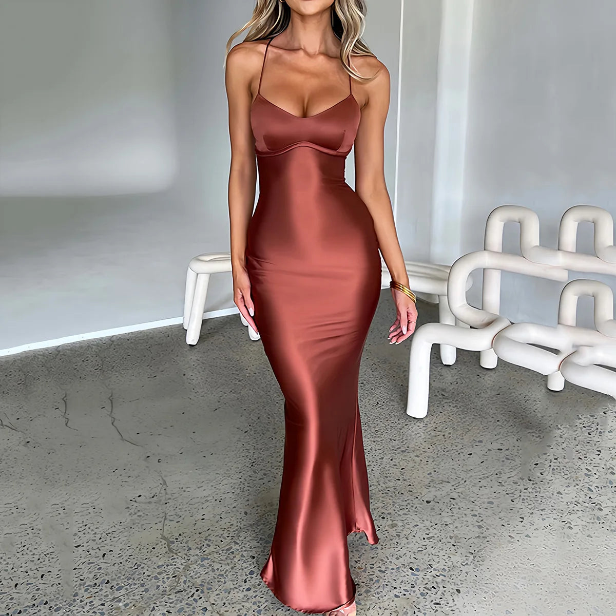 Women's Spaghetti Straps Satin Backless Sexy Dress Summer Beauty Elegant Party Evening Dress Tight Long Dress