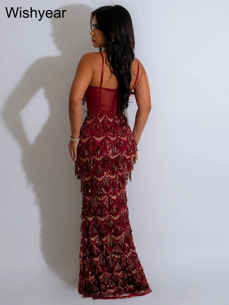 Sexy Spaghetti Strap Backless Bodycon Evening Club Party Dresses for Women Elegant Tassel Sequined Long Dress Birthday Femme