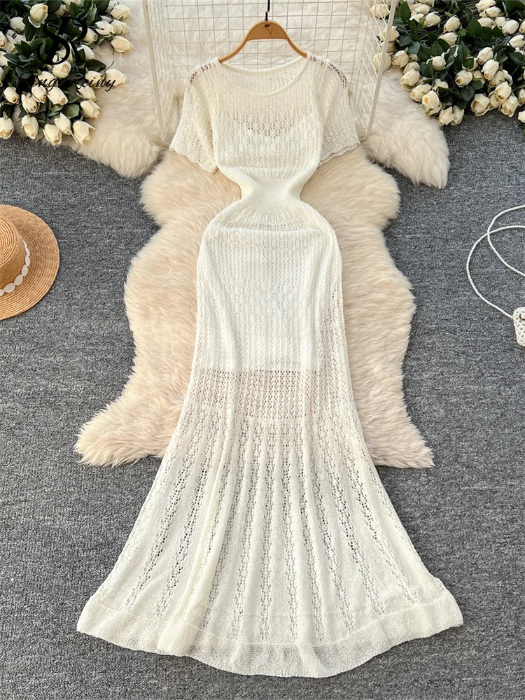 SINGREINY Vacation Style Casual Dress Suits Solid Strap Short Sundress+Knitting Hollow Out Long Dress Korean Women Beach Sets