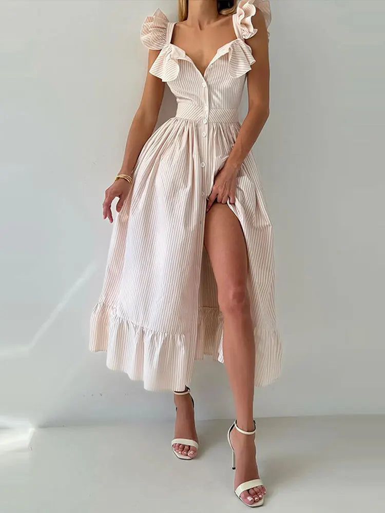 Flying Sleeve Ruffle Striped Slip Long Dress Women Elegant Square Collar Waist Cinching Pleat Party Dresses Chic Ladies Vestido