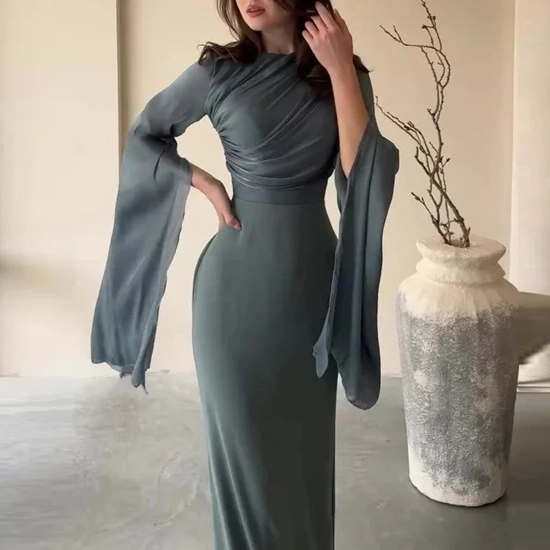 Fashion Satin Solid Robe Dress Women Elegant Batwing Sleeves High Waist Pleats Long Dress Stylish Glass Tulle Slim Evening Dress