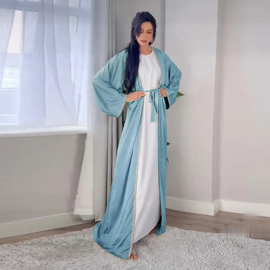 2024 Muslim Dress Diamond Women's Long Dress Fashion Long Sleeve Lace-up Long Abayas Casual Solid Color Clothes for Muslim Women