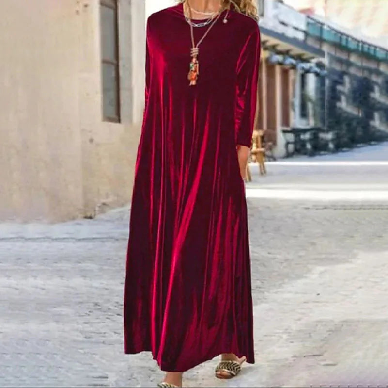 Spring and Summer New Gold Velvet European and American Slim Style Round Neck Long Dress
