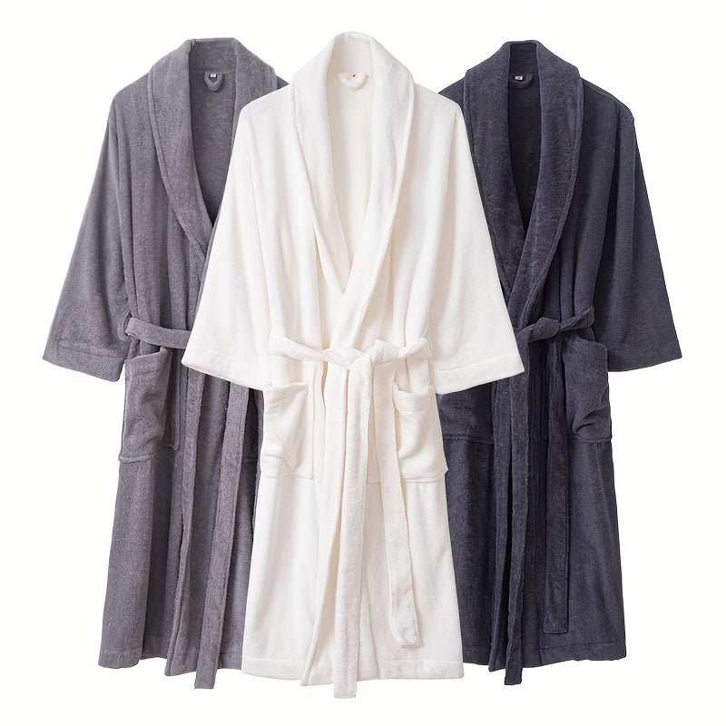 Heavyweight 100% Cotton Bathrobe for Men & Women - Quick-Dry Absorbent Long Robe with Plush Pockets, Soft Lined Interior, Machine Washable, All-Season Luxury Spa & Lounge Wear, Comfortable Loungewear, Modern Robe, Simple Elegant Design, Quickdry Fabric