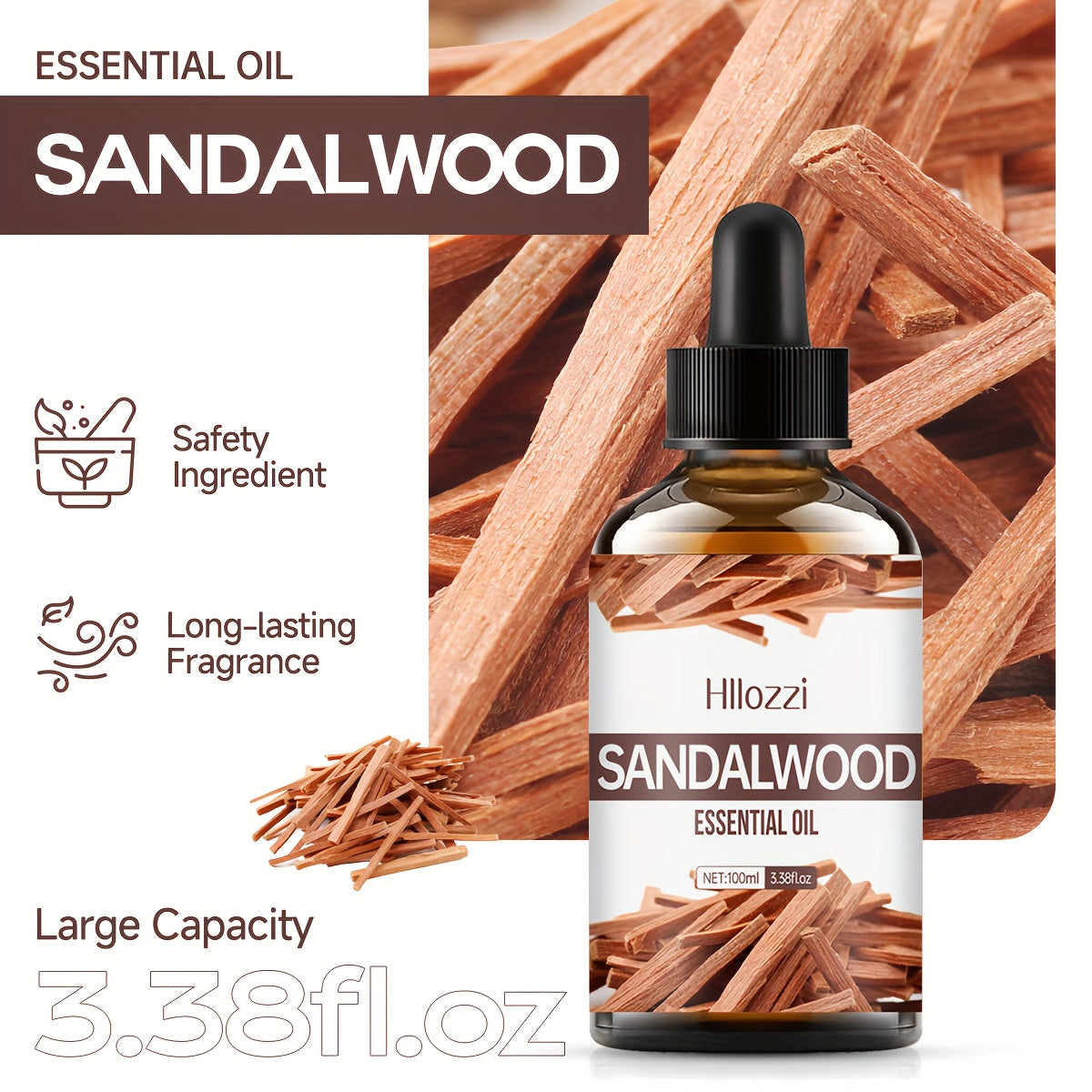 100ml/3.38fl.oz Sandalwood Essential Oil is a moisturizing diffuser oil, suitable for skincare, massage, and bath use. Perfectly designed to diffuse on your face, body, nails, hair, and eyelashes, making it an ideal gift!