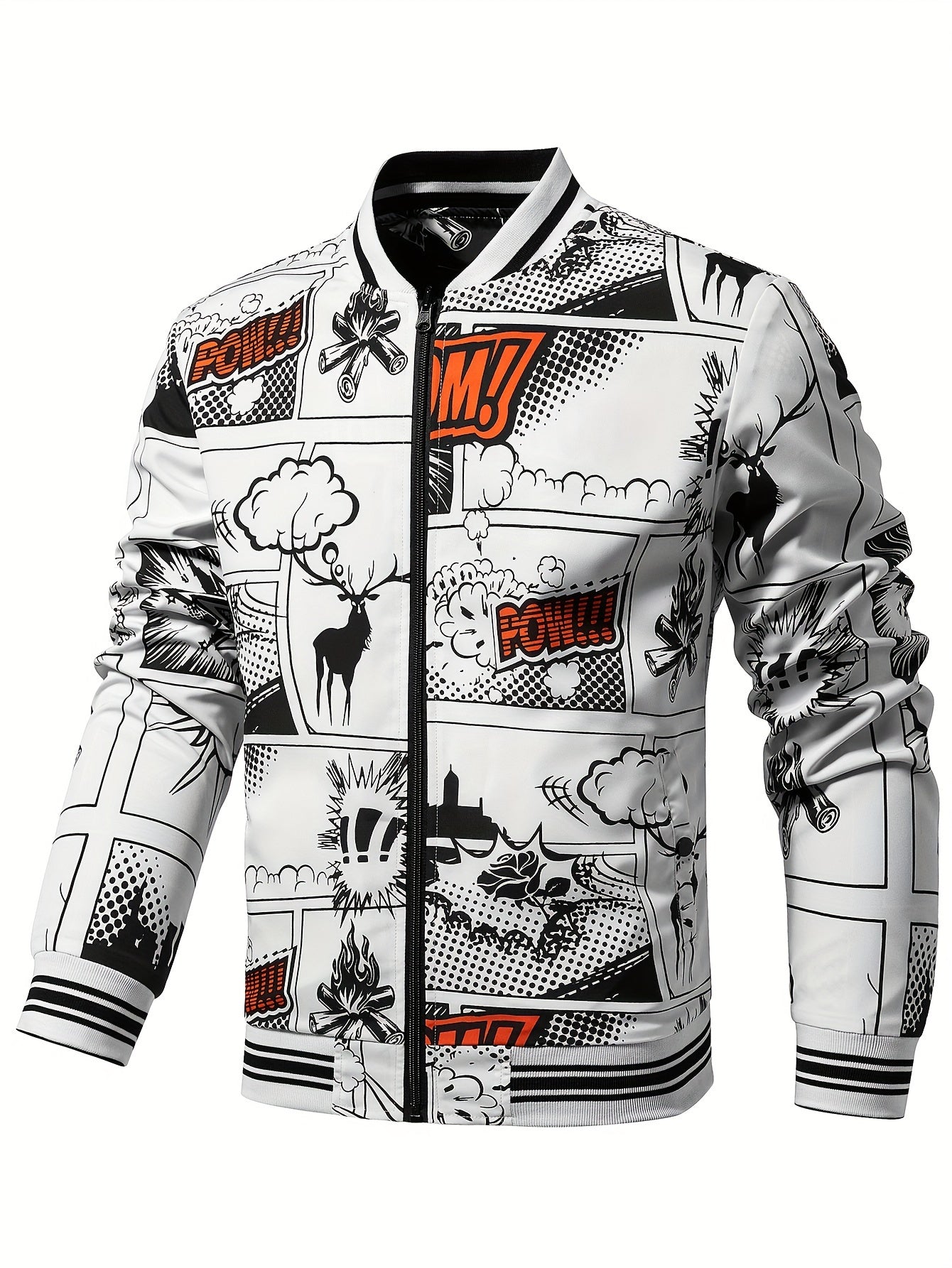 Men's Cartoon Print Jacket With Pockets, Casual Baseball Collar Zip Up Long Sleeve Outwear For Outdoor
