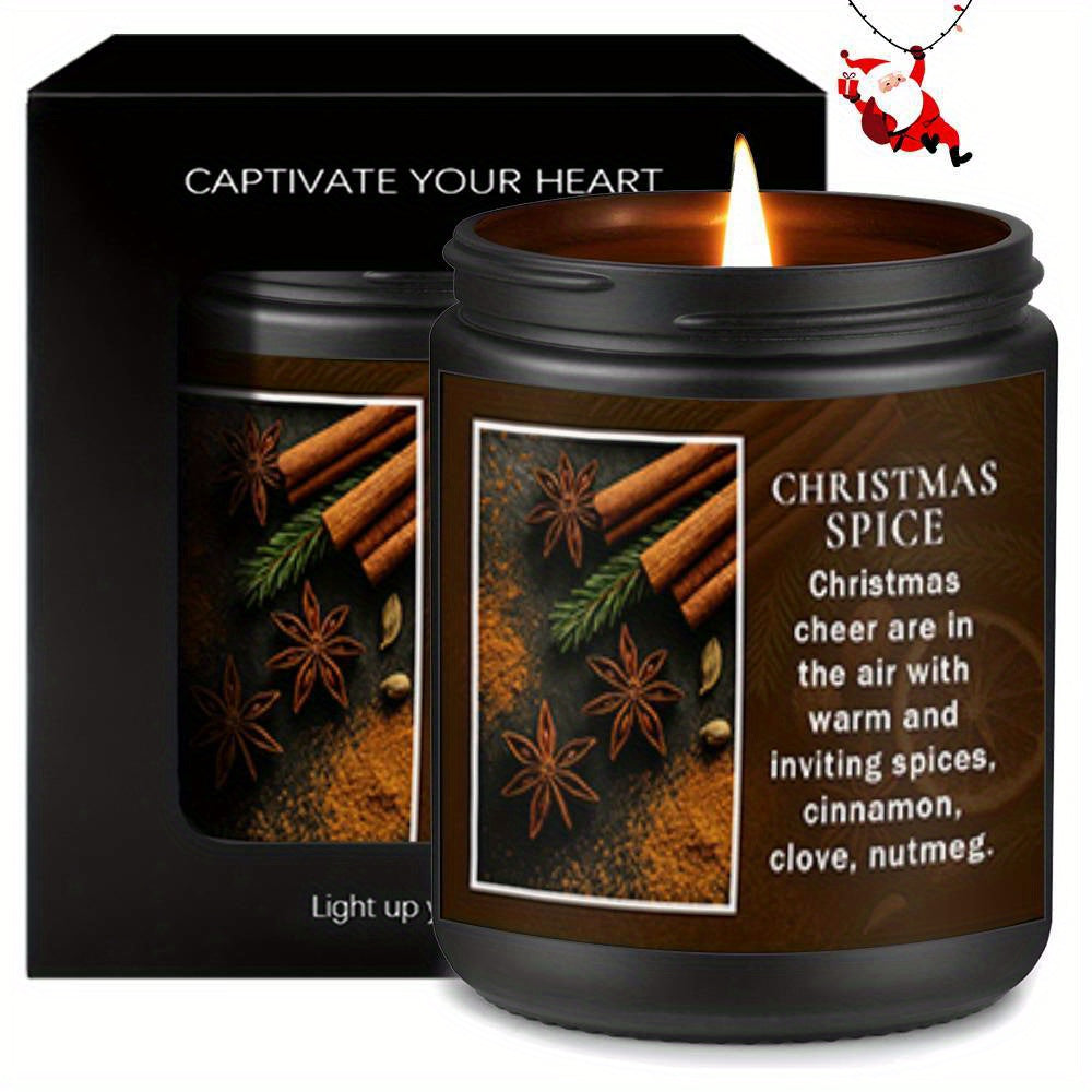 1pc Christmas Spice Scented Candle with Star Anise, Cinnamon, Clove, Nutmeg & Green Pine - Long-Lasting 12+ Hour Burn Time, Soy Wax, Glass Jar with Bow - Holiday Home Decor, Gift for Women, Men, Mom, Dad, Wife, Husband, Boyfriend, Girlfriend, Family, Xma
