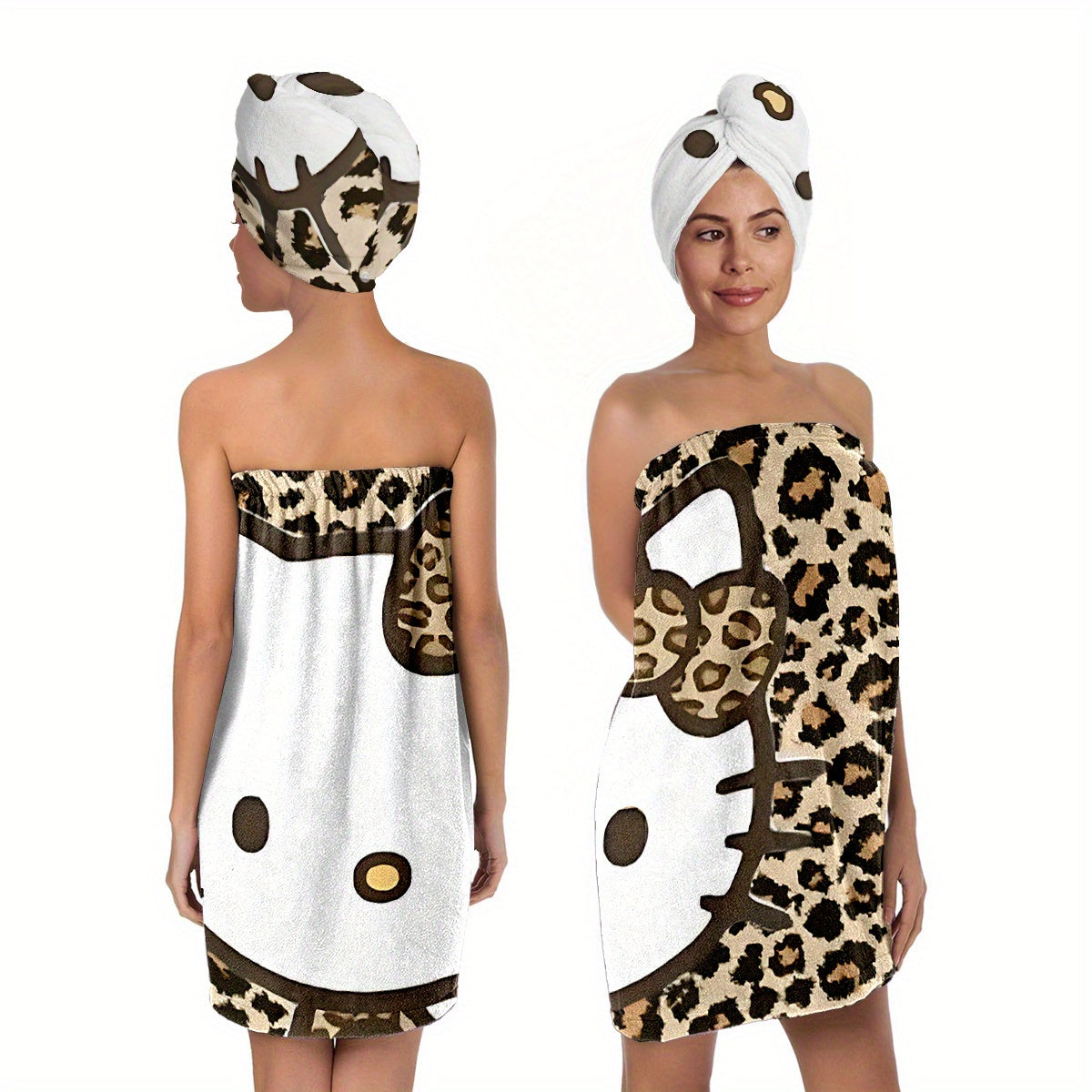 For Hello Kitty Leopard Print Bath Towel Set - Soft Polyester, Adjustable Headband & Bath Skirt with Easy Fasten, Perfect for Beach, Pool & Sauna, Ideal Christmas & Birthday Gift, Beach Towel | Playful Design | Polyester Bath Towel, Wash Cloths