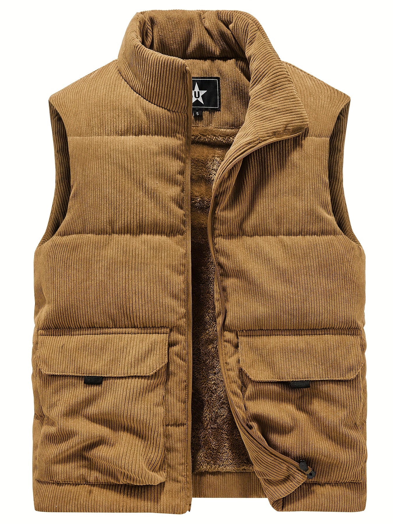 Men'S Heavyweight Winter Vest - Thermal Insulated Jacket with Stand Collar, Multi-Pocket Workwear Coat for Cold Weather, Non-Stretch Fabric for Construction, Thick