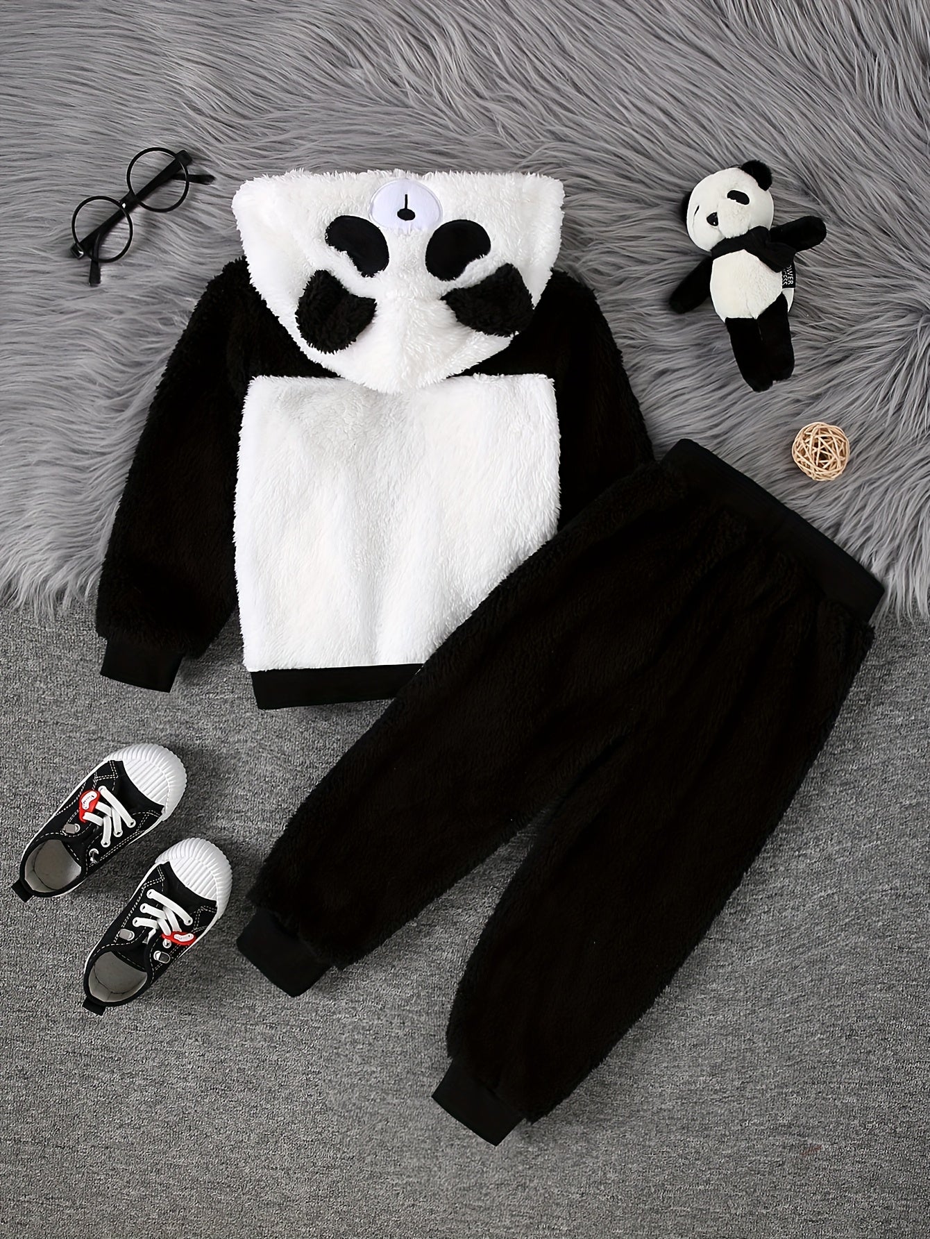 Children'S First Set of Autumn and Winter Two-Piece Hooded Long Sleeve Patchwork Sweatshirt + Pants Suit Panda Hat New Fashion Casual Trend Suitable for Boys and Girls, for Outdoor
