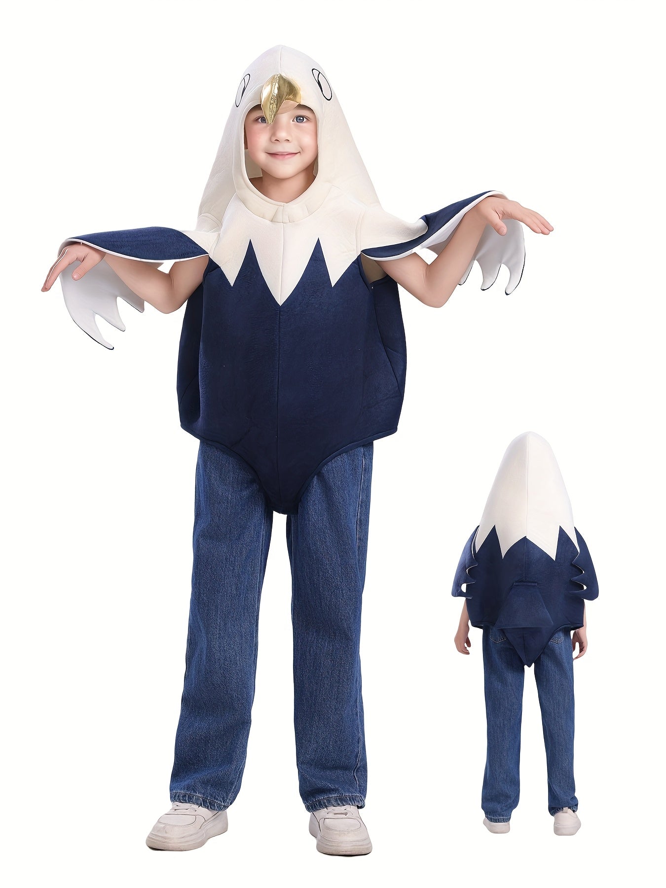 Youngsters' White-Headed Eagle Hooded Outfit - Plush Fleece & Polyester Blend, Loose Fit with Wings & Tail, Perfect for Parties, School Events, Creative Play & Holiday Dress-Up, Youngsters Outfit, School Event Attire, Playful Animal Design, Soft Fabric O