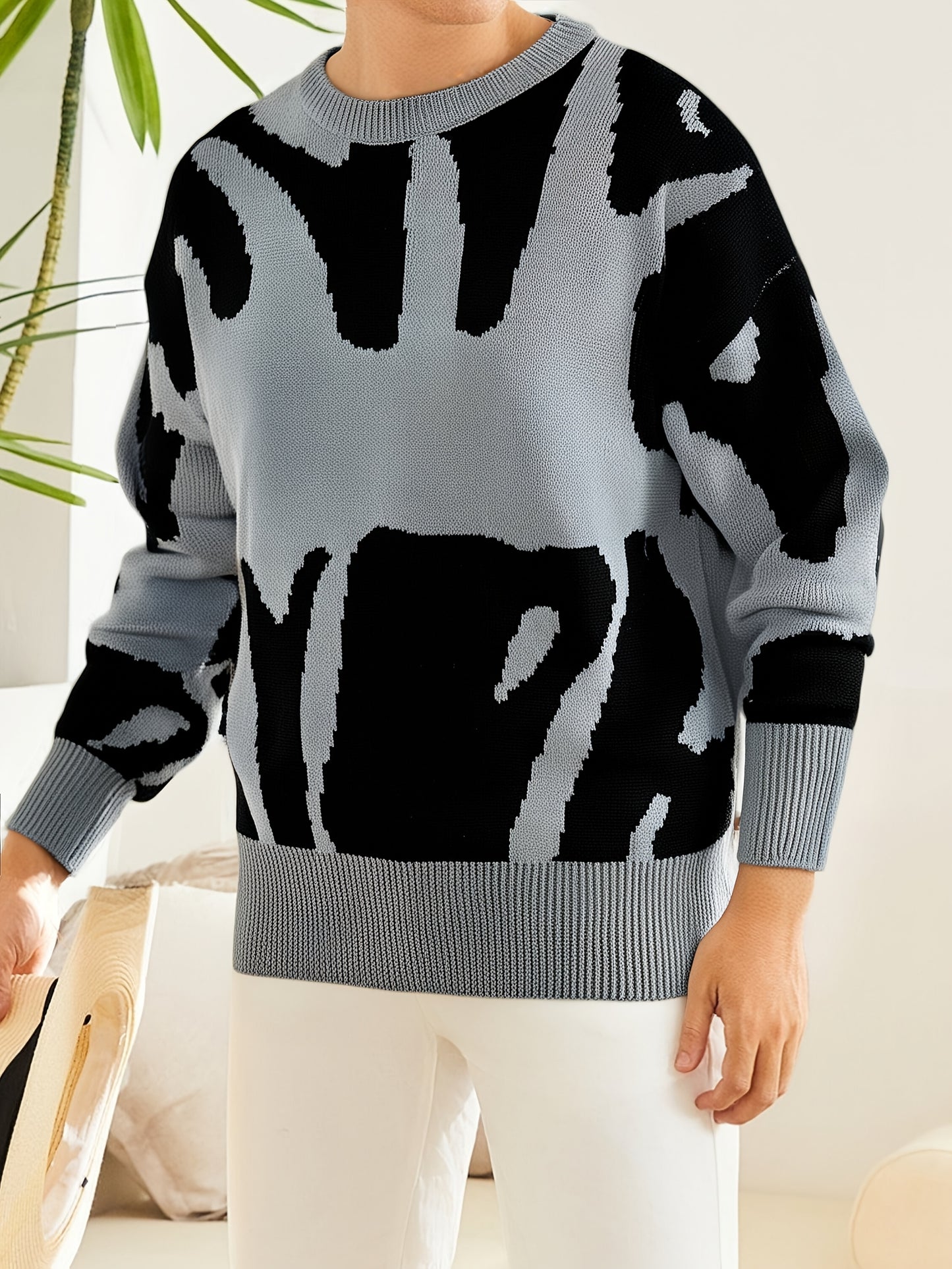 Men's Sweater - Black & Gray Modern Contrast Pullover, Machine Washable Winter Knitwear for Formal & Casual Outfits - Warm Knit Sweater for Teens and Adults, Knit Sweater, Comfortable Clothing, Ribbed Texture Detail, Classic Round Neckline, Durable Knitw