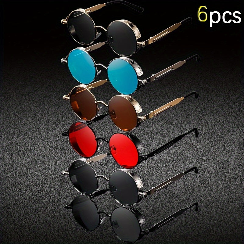 6pcs Unisex Fashion Metal Frame Round Glasses Set - Durable Polycarbonate Lenses, Various Color Options (Black, Blue, Red, Brown), Ideal for Daily Use & Birthday Gifts, Everyday Fashion Glasses | Stylish Round Frames | Durable Glasses