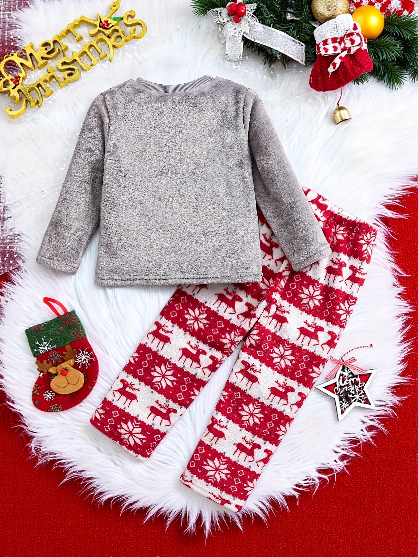 Boys' Pajamas Autumn/Winter 2-Piece Set, Long Sleeve and Trousers Crew Neck Pullover Flannel Loungewear Suit in Gray with Christmas Cartoon Santa Claus / Reindeer / Snowflake Prints, for Children Aged 4 - 7