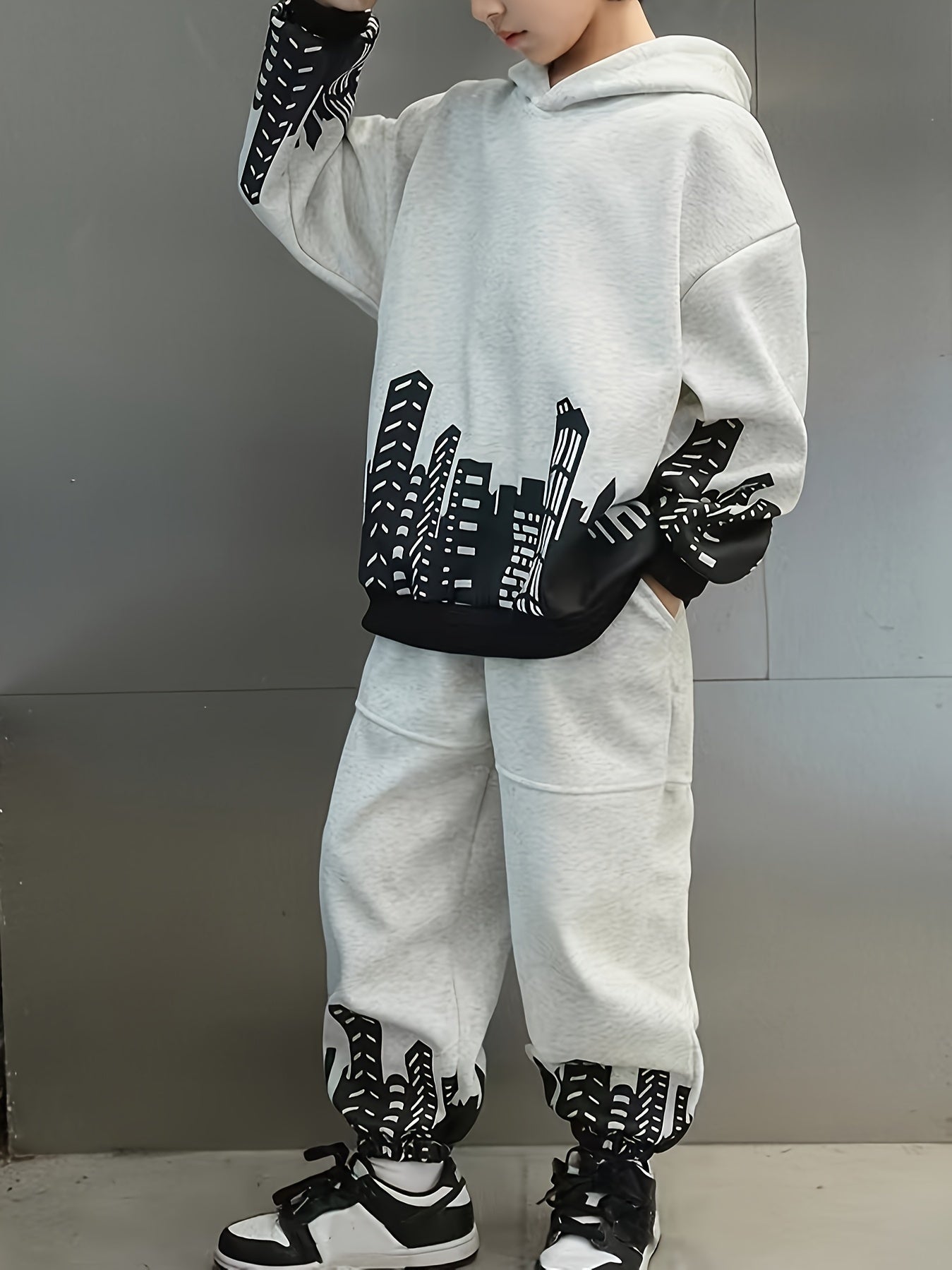 Boys' 2pcs Set, Spring/Autumn Casual Sports Hoodie with Print Pattern + Elastic Cuffed Pants Two-Piece Suit for Medium-Large Size