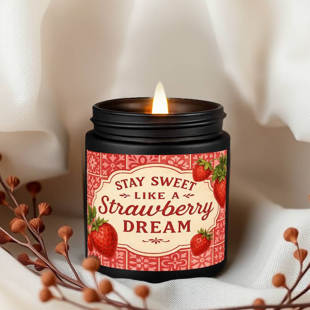 1pc Lavender Scented Candle - Soy Wax Long Burning Candle (12+ Hours) with "Stay Sweet Like a Strawberry Dream" Quote & Strawberry Pattern, Farmhouse Decor in Cute Jar - Birthday, Valentine's, Anniversary, Christmas Gift for Women, Wife, Mom, Girlfriend