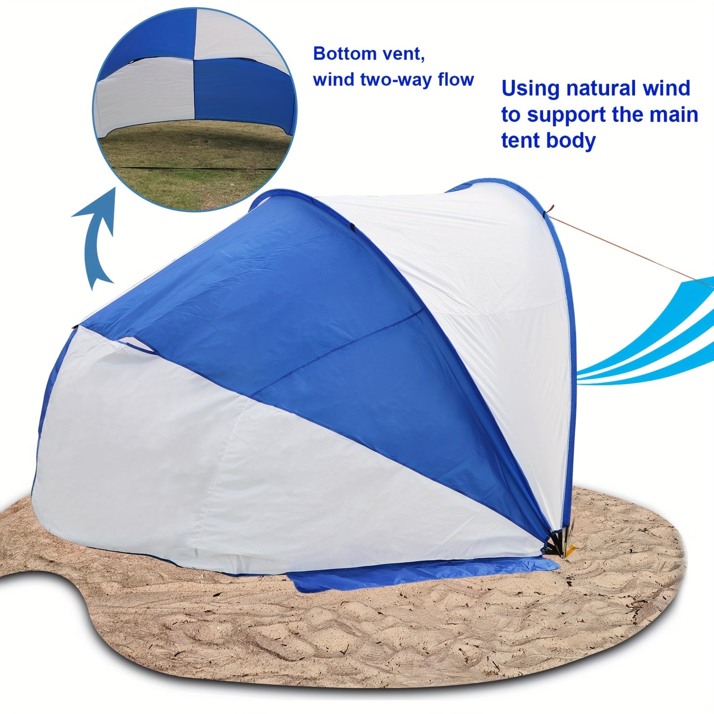 Portable Beach Tent for 4-5 Adults - Blue & White Sun Shelter with Drawstring Closure, Sand & Grass Resistant, Ideal for Camping, Picnics, and Backyard Outings