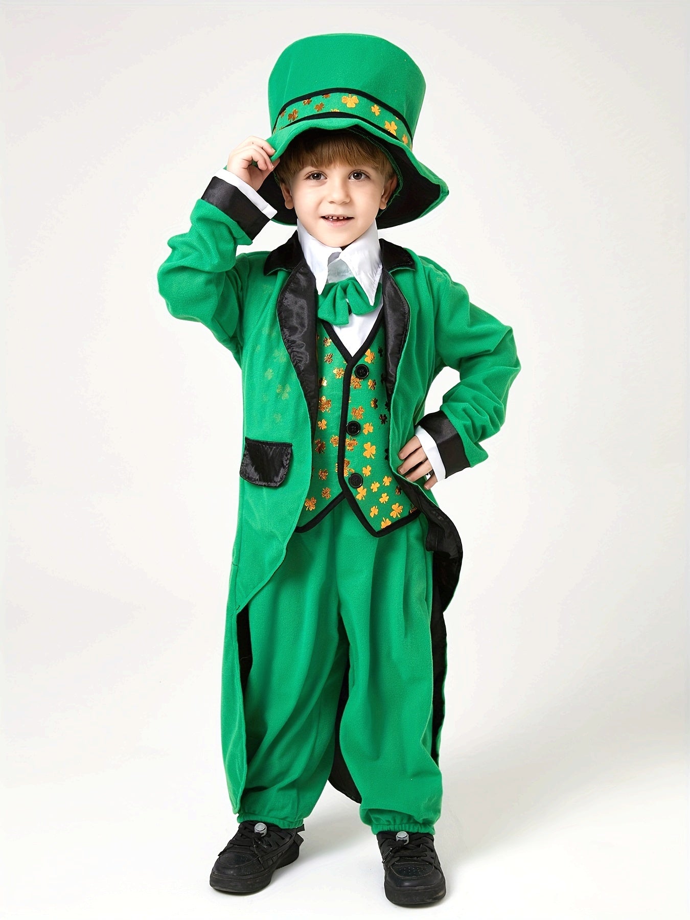 Boys' St. Patrick's Day Costume Set with Golden Clover Design - Includes Hat, Polyester Suit & Accessories for Festive Performances