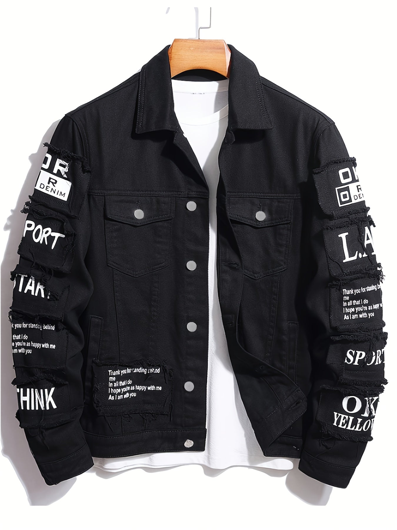 Men'S High Street Style Black Faux Denim Jacket with "BIG" Letter Patch - Loose Fit, Long Sleeve, Button-Up Front, Casual Workwear Jacket for Casual Attire, Casual Outerwear | Trendy Faux Denim Jacket | Functional Pockets