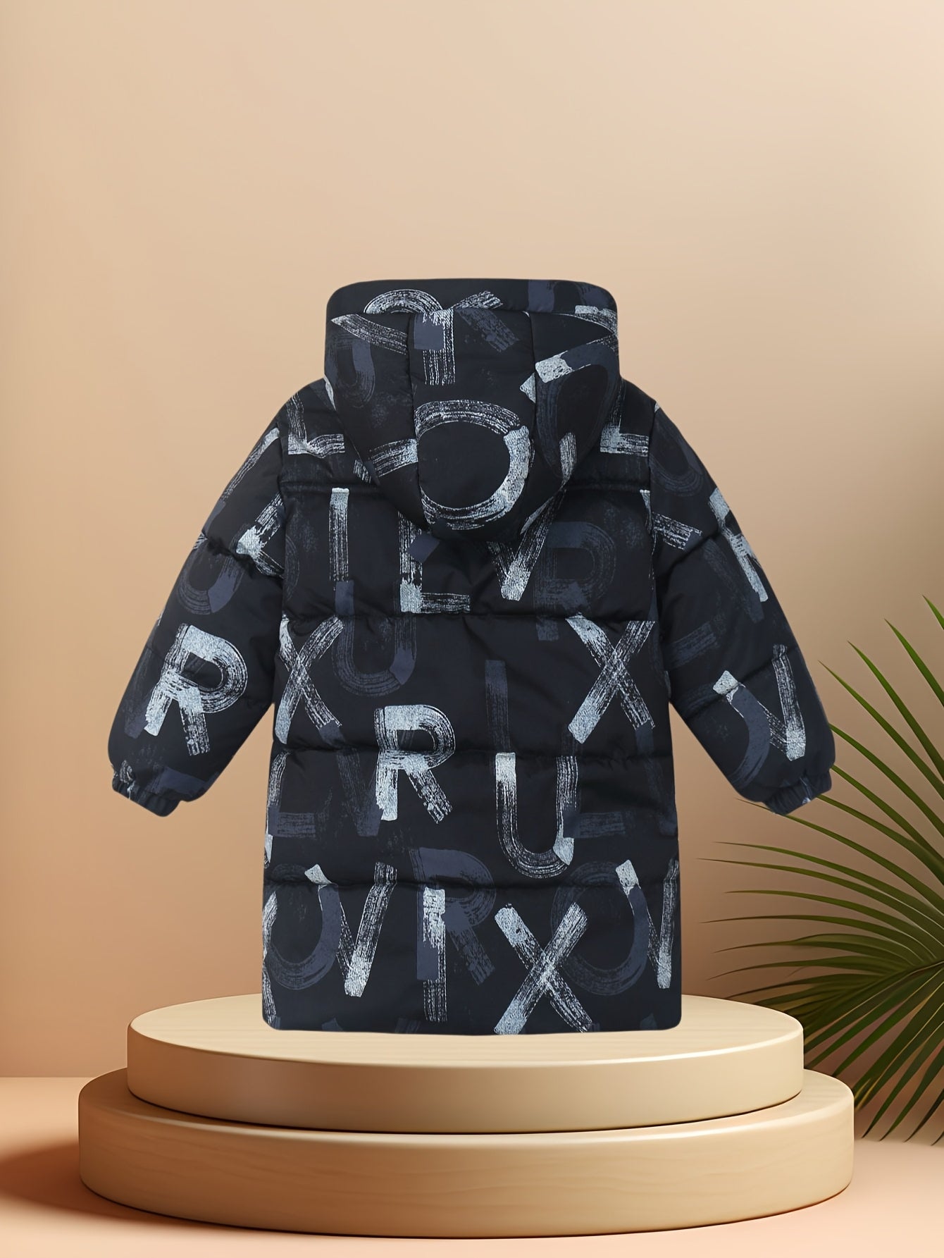 Boys' Winter Hooded Jacket with Letter Print - Mid-Length Warm Coat, Polyester-Filled, Regular Fit, Black & White Design, Perfect for Cold Weather, Winter Coat for Boys, Casual Outerwear, Durable Outerwear