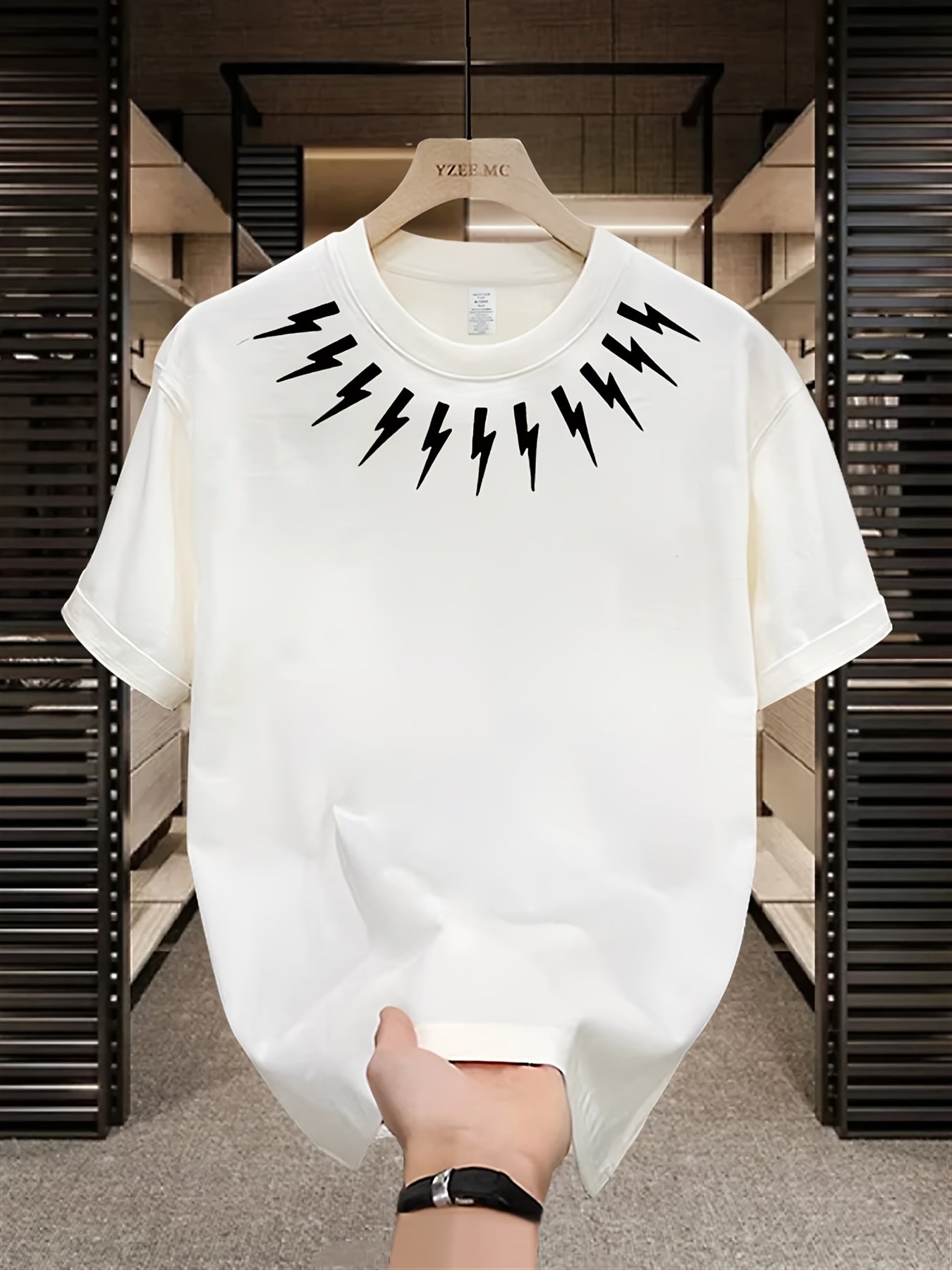 Men's Heavyweight 100% Cotton T-Shirt - Korean & Japanese Streetwear Style Black with White Lightning Bolt Graphic Short Sleeve Round Neck Casual Summer Tee for Casual Attire, Valentine's Day, Father's Day Gifts - Breathable & Durable Hot Transfer Print