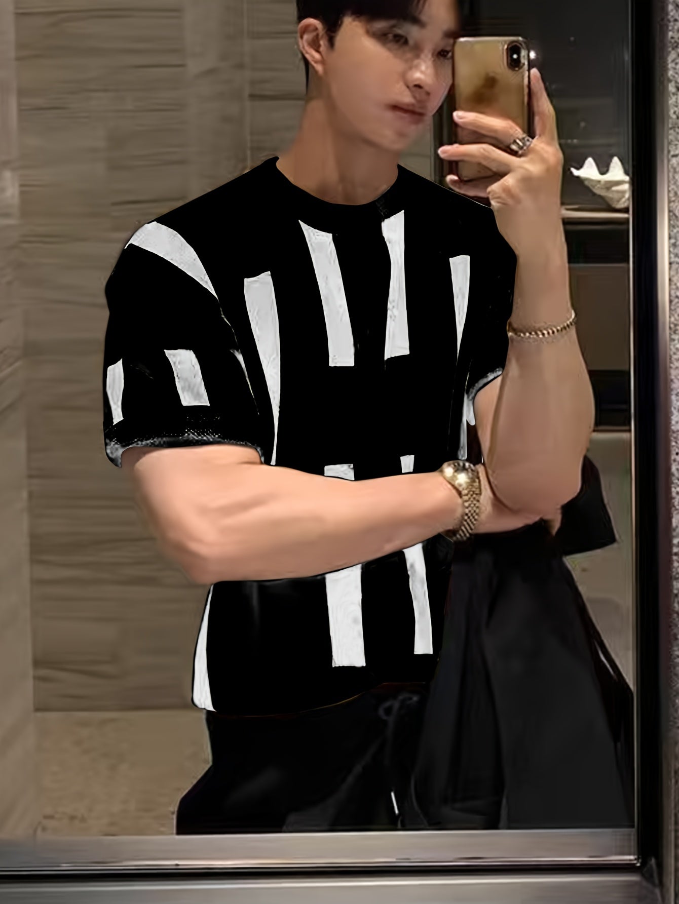 Men'S Casual Crew Neck Knit Sweater - Short Sleeve, Rayon, Color Block Design with Black & White Vertical Stripes, Summer Pullover for Casual Attir