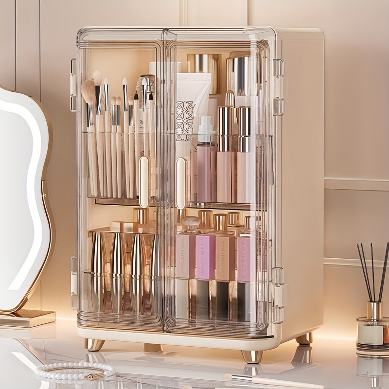 Life Declaration Cosmetic Organizer - Large Capacity Clear Plastic Makeup Storage Box with Doors, Multi-Compartment Vanity Organizer for Brushes, Bottles, and Cosmetics, Transparent Design for Easy Visibility, Bathroom Countertop & Dressing Table, Makeup