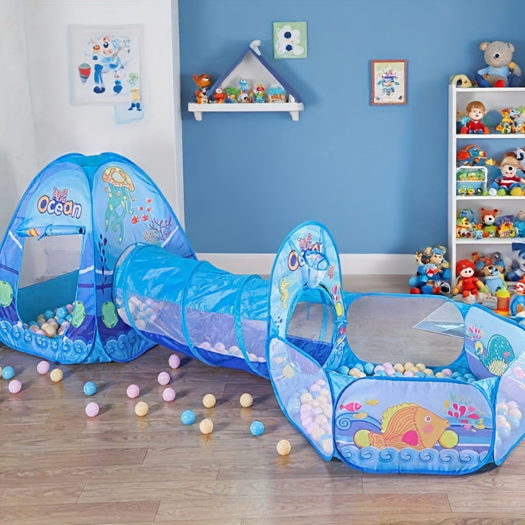 3pcs Ocean Themed Kids Play Tent Set with Ball Pool & Tunnel - Portable Indoor/Outdoor Playhouse with Fish & Marine Life Decorations, No Assembly Required, Ideal Birthday Gift for Boys & Girls (Blue) - Durable Lightweight Tent for Imaginative Play, Kids
